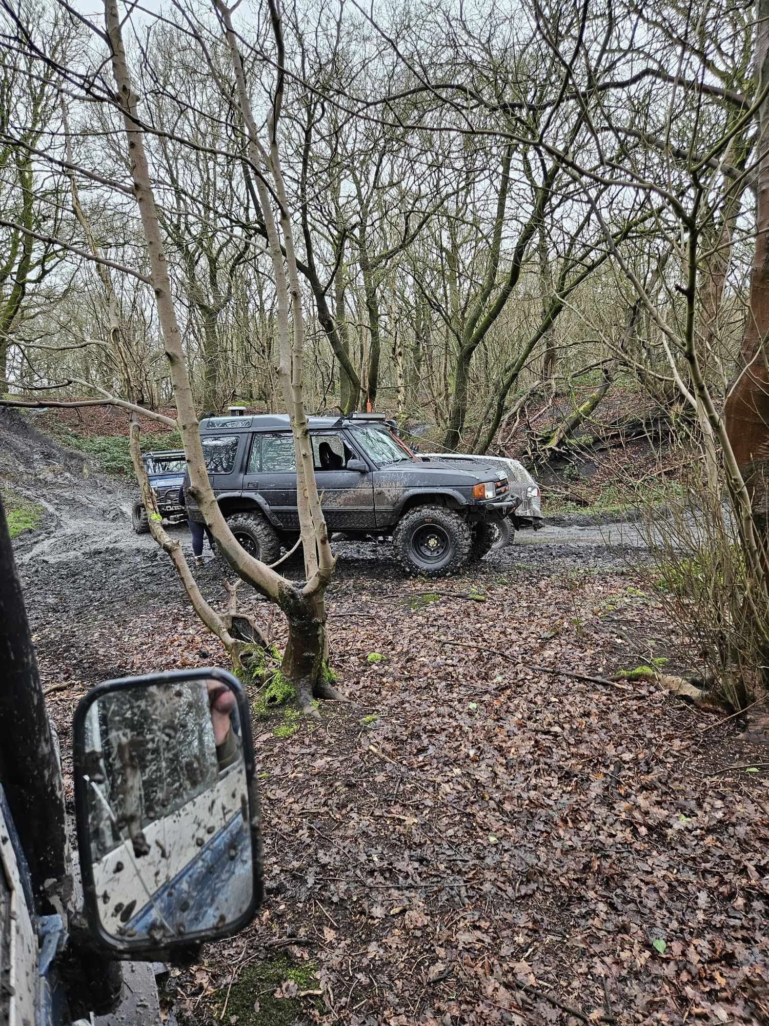 Defender parked among trees on a winter woodland trail
