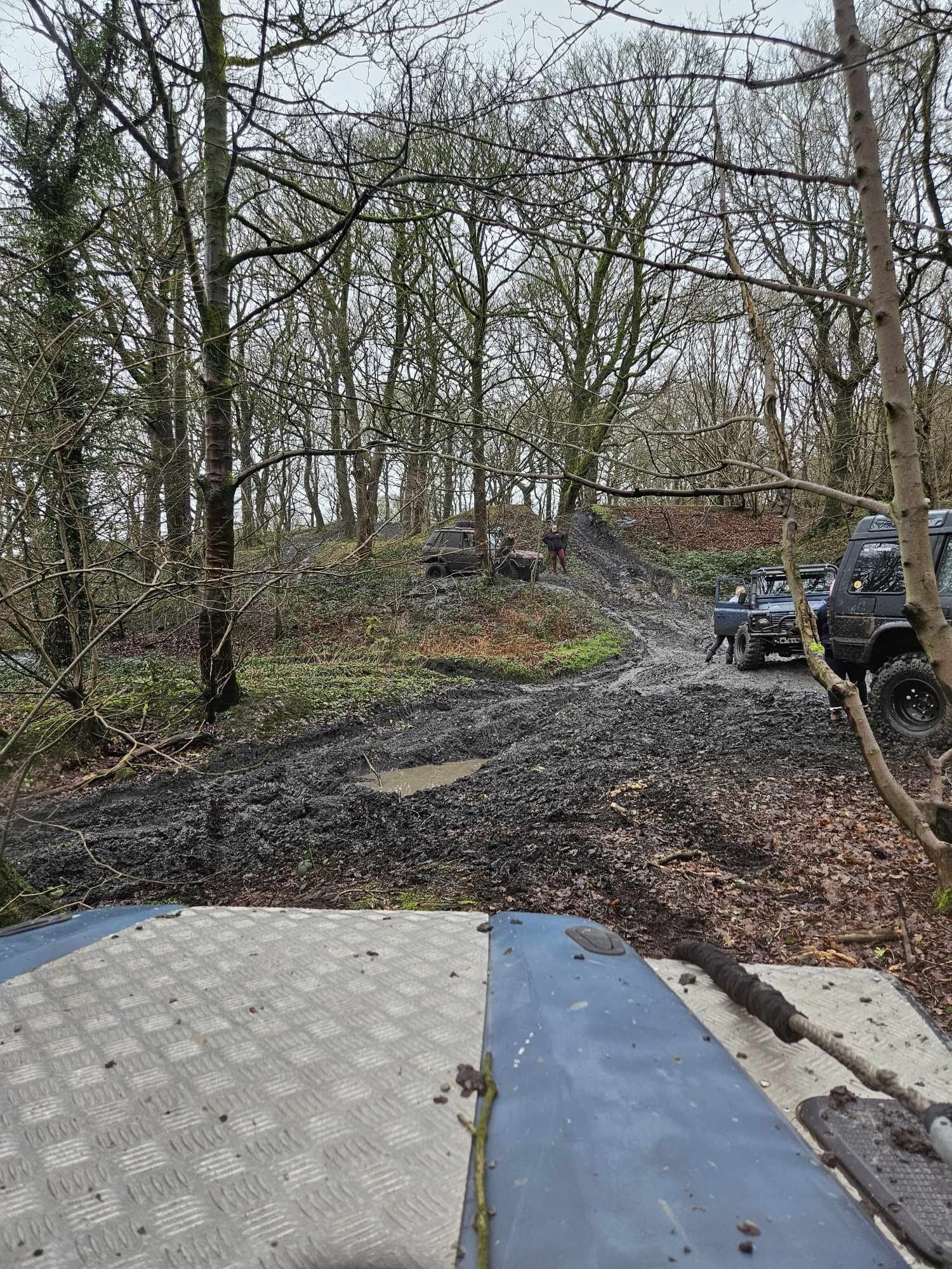 View over a vehicle bonnet along a woodland off-road route